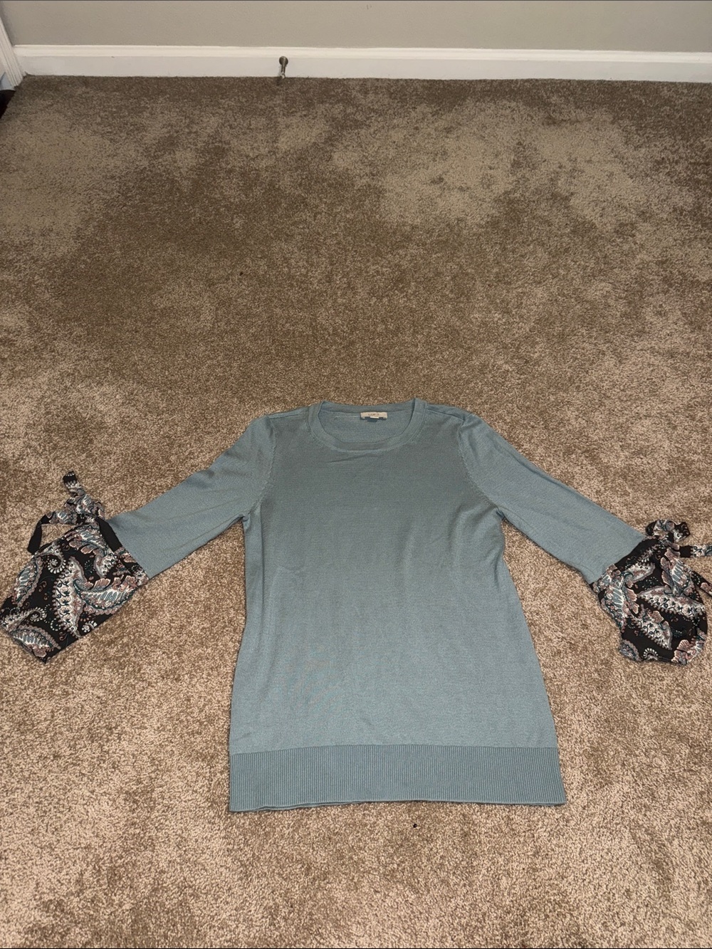 LOFT Light Blue Bell Sleeve Paisley Knit Sweater- Medium. G